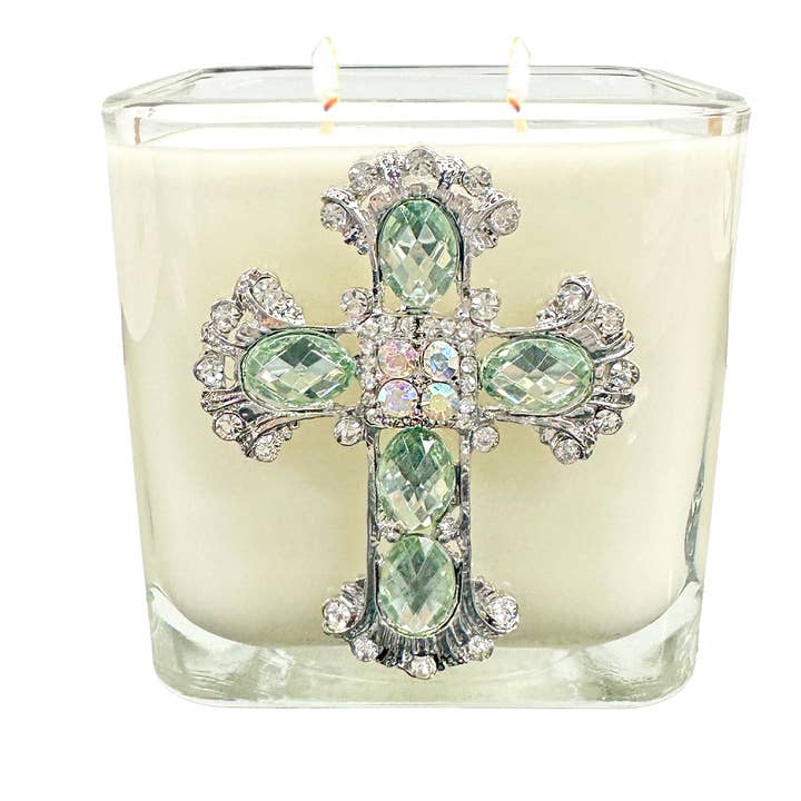 HYSSOP - 12oz PERIDOT CROSS CANDLE for wholesale by Abba Christian Products
