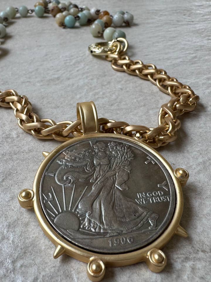 Amazonite Liberty Medallion Necklace for wholesale by Loulu Designs