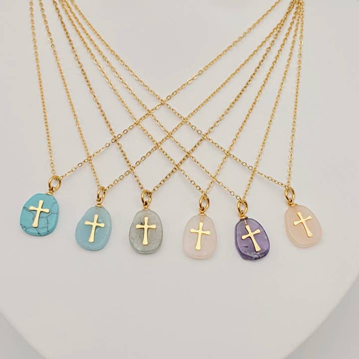 Mio Queena - Wholesale Pendant/Charm Necklace - Natural Stone Stainless Steel Cross Pendant Necklace - CS