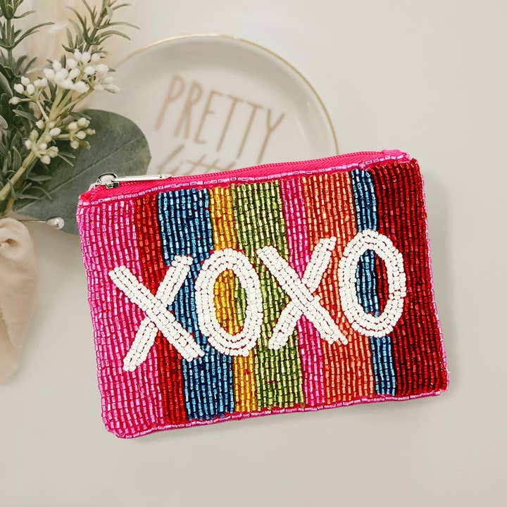 XOXO Message Rainbow Color Block Beaded Mini Pouch Bag for wholesale by Sensibling Corp.