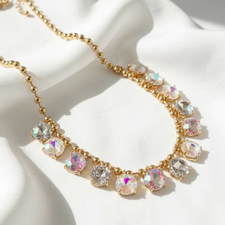 Crystal Glass Bead Dangle Station Ball Beaded Chain Necklace for wholesale by StarryNYC