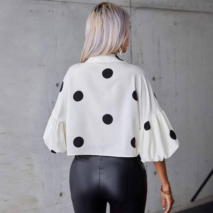WHITE Polka Dot Puff Sleeve Button Blouse for wholesale on Faire4