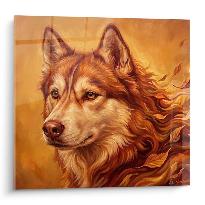 Golden Tones Husky Table with Artistic Flames - Intense Gaze - Siberian Husky Edition for wholesale by Walensky