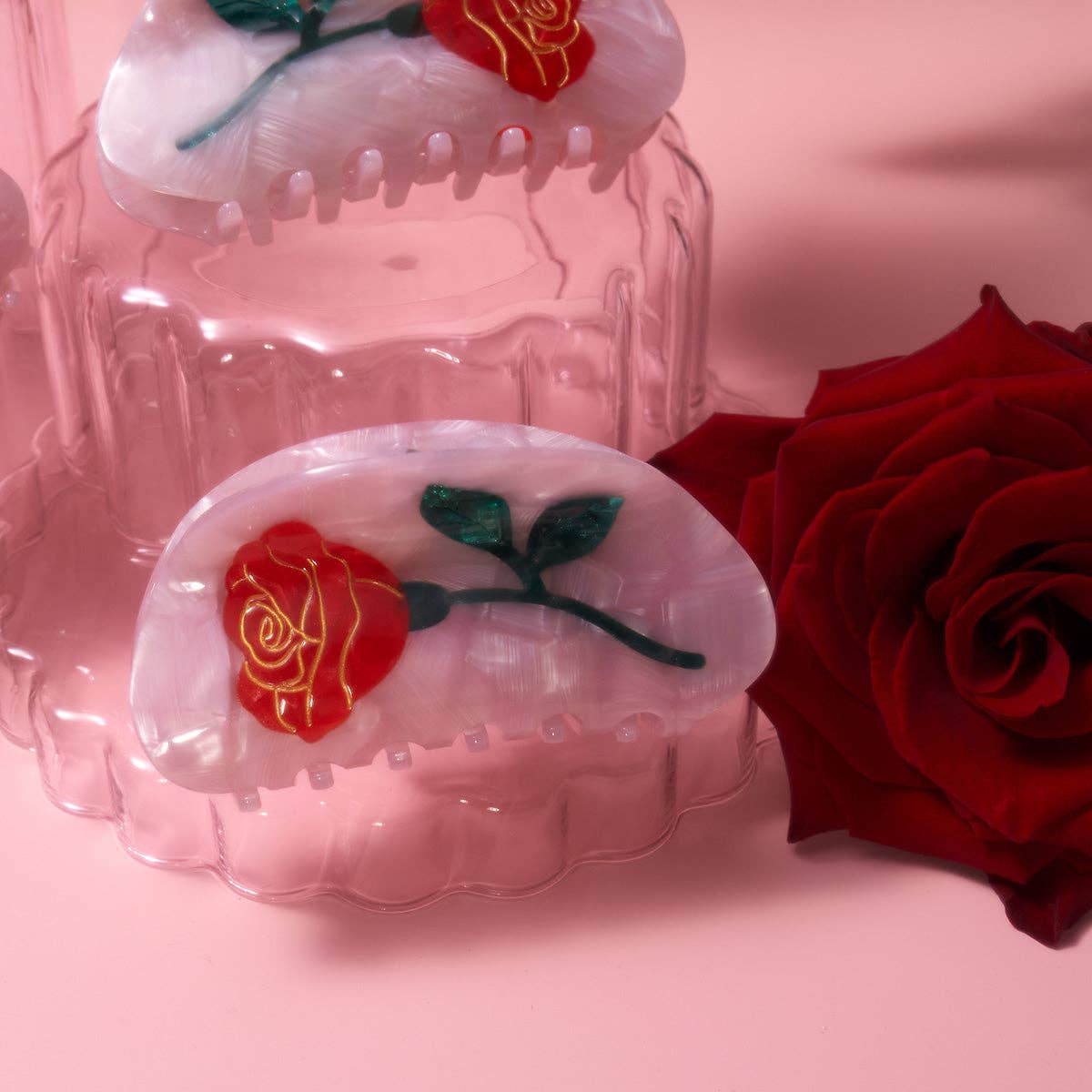 WINONA IRENE - Wholesale Hair Clip - Women's - Women's Belle Pink Single Red Rose Acetate Hair Claw 4