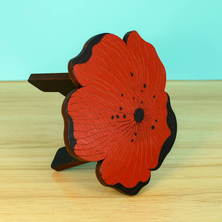 Button and Fern - Wholesale Plant Pot Stand - Red Poppy Flower Plant Stand - 5" Wood Plant Holder3