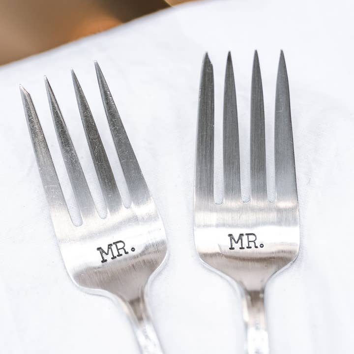 Mr. & Mr. Silver Plate Fork Set Wedding Engagement Gift for wholesale by Junk Girls