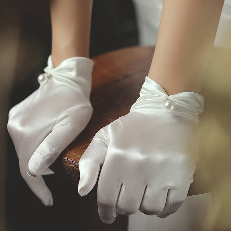 Floris Linens - Wholesale Gloves - Women's - White Satin Formal Party Wedding Bridal Gloves with Pearl8