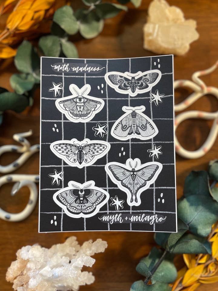 Moth Madness Vinyl Sticker Sheet for wholesale by Myth and Milagro