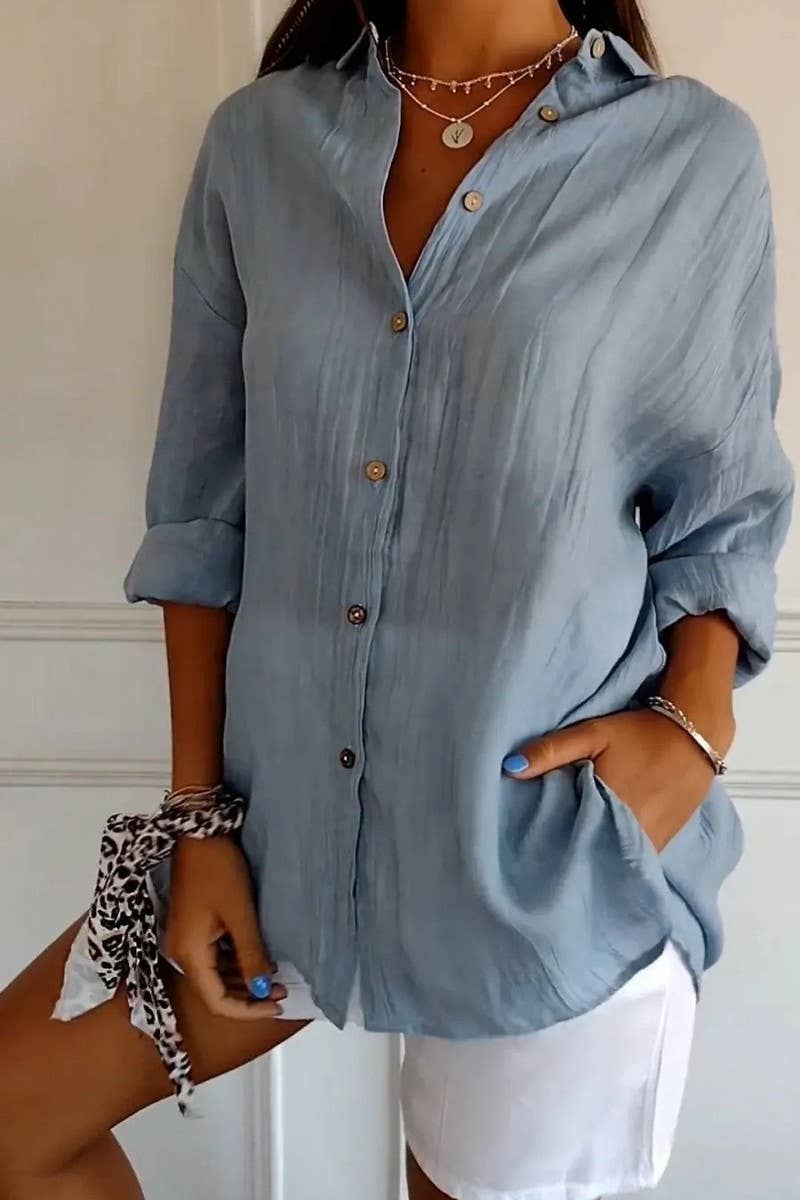 NINEXIS - Wholesale Shirt - Women's - CWTSTL2281_SOLID COLOR SINGLE BREASTED PLEATED LAPEL SHIRT7