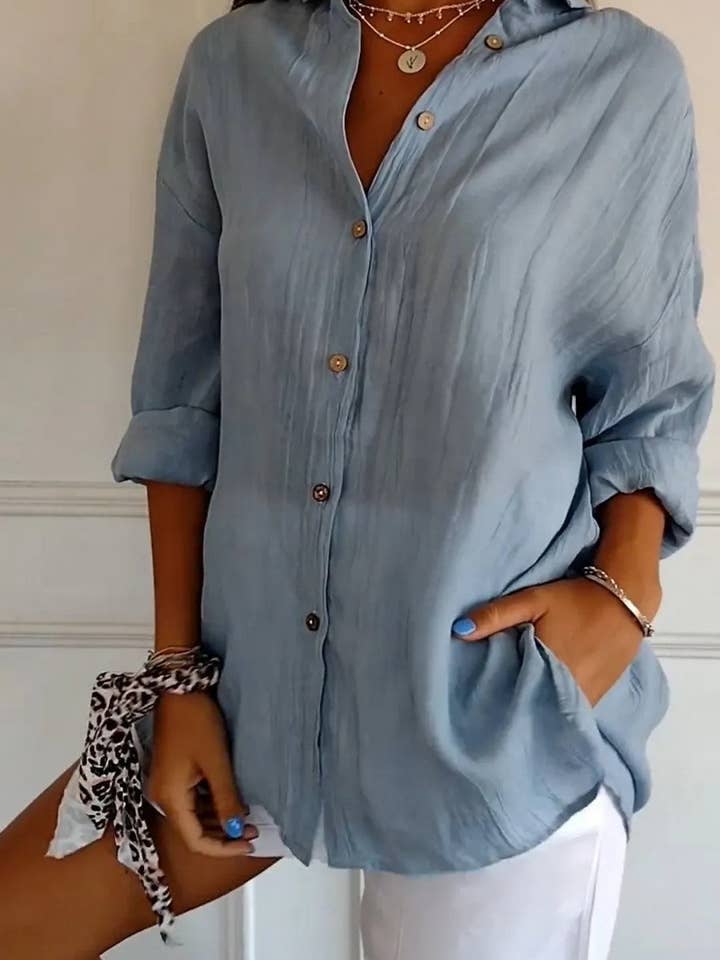 NINEXIS - Wholesale Shirt - Women's - CWTSTL2281_SOLID COLOR SINGLE BREASTED PLEATED LAPEL SHIRT7