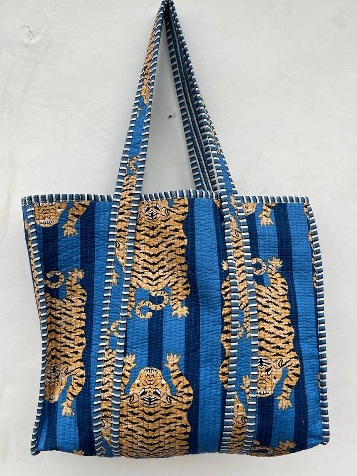 Blue Tiger Printed Cotton Indian Bag Quilted Women Shopping for wholesale by bhavnas boutique