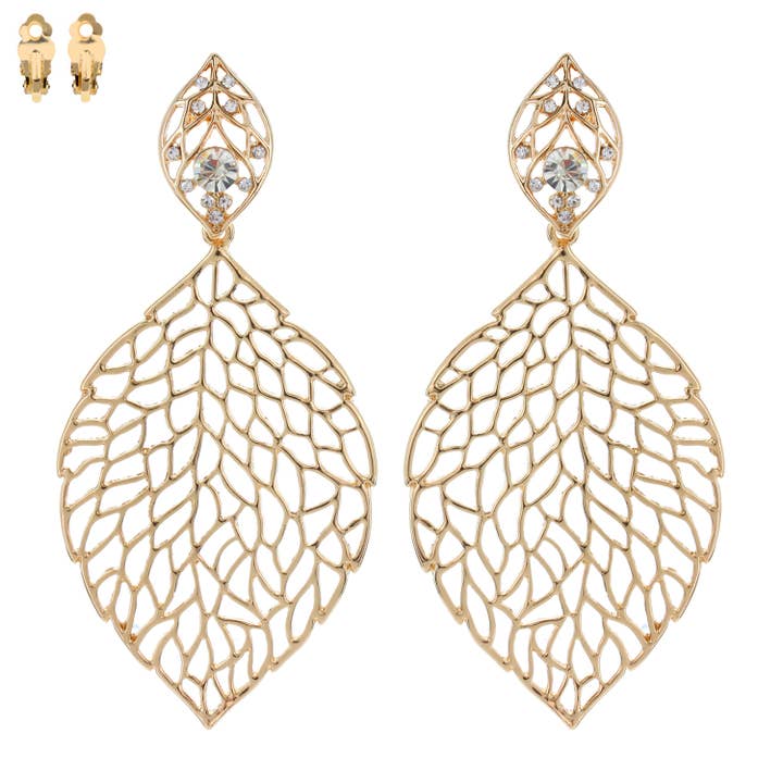 SP Sophia Collection - Wholesale Clip-On Earrings - 2 Tier Filigree Leaves Clip On Earrings