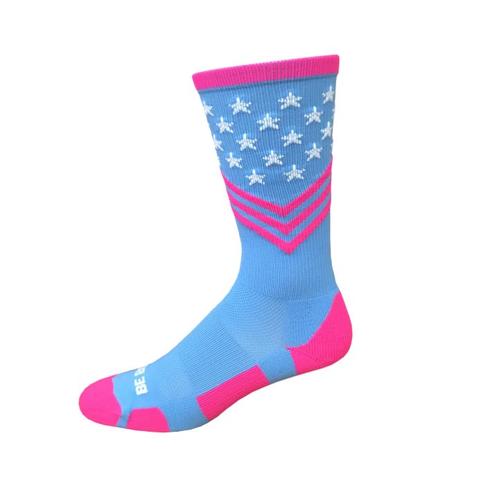 Patriot - Hemelsblauw, felroze en wit. American Made Stars & Stripes atletische sokken voor wholesale door Boldfoot Socks