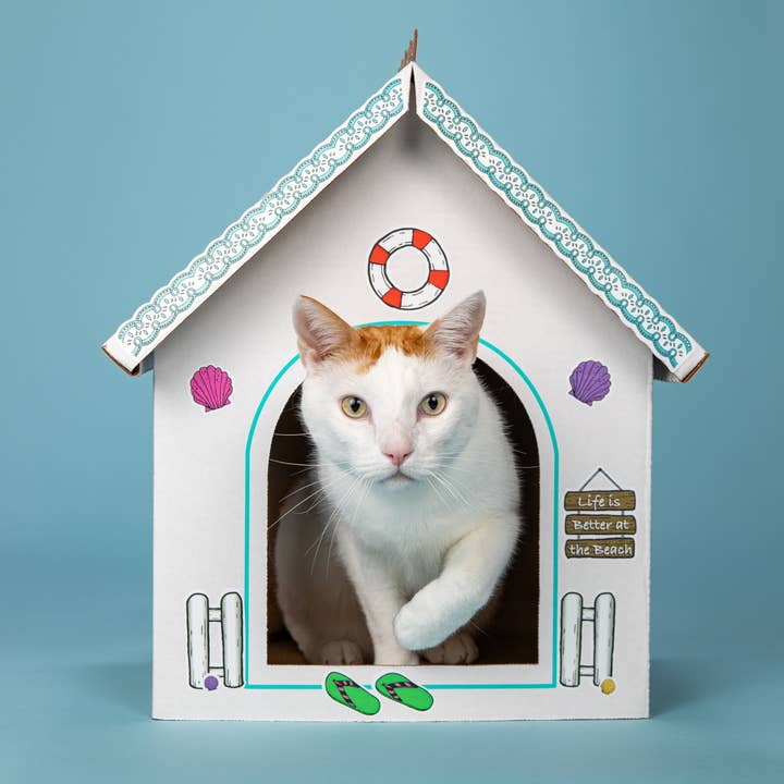 Breezy Beach Cottage - Cardboard Box Playhouse For Cats for wholesale by Cat in the Box LLC