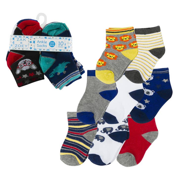 10pk Boys Ankle Socks- 12-24M- Assorted Design for wholesale by Deluxe Import Trading
