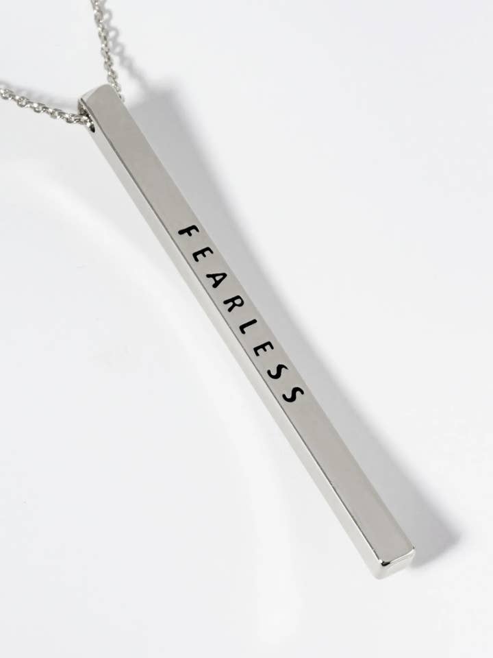 Fearless Engraved Vertical Bar Inspirational Necklace for wholesale by Wild Honey