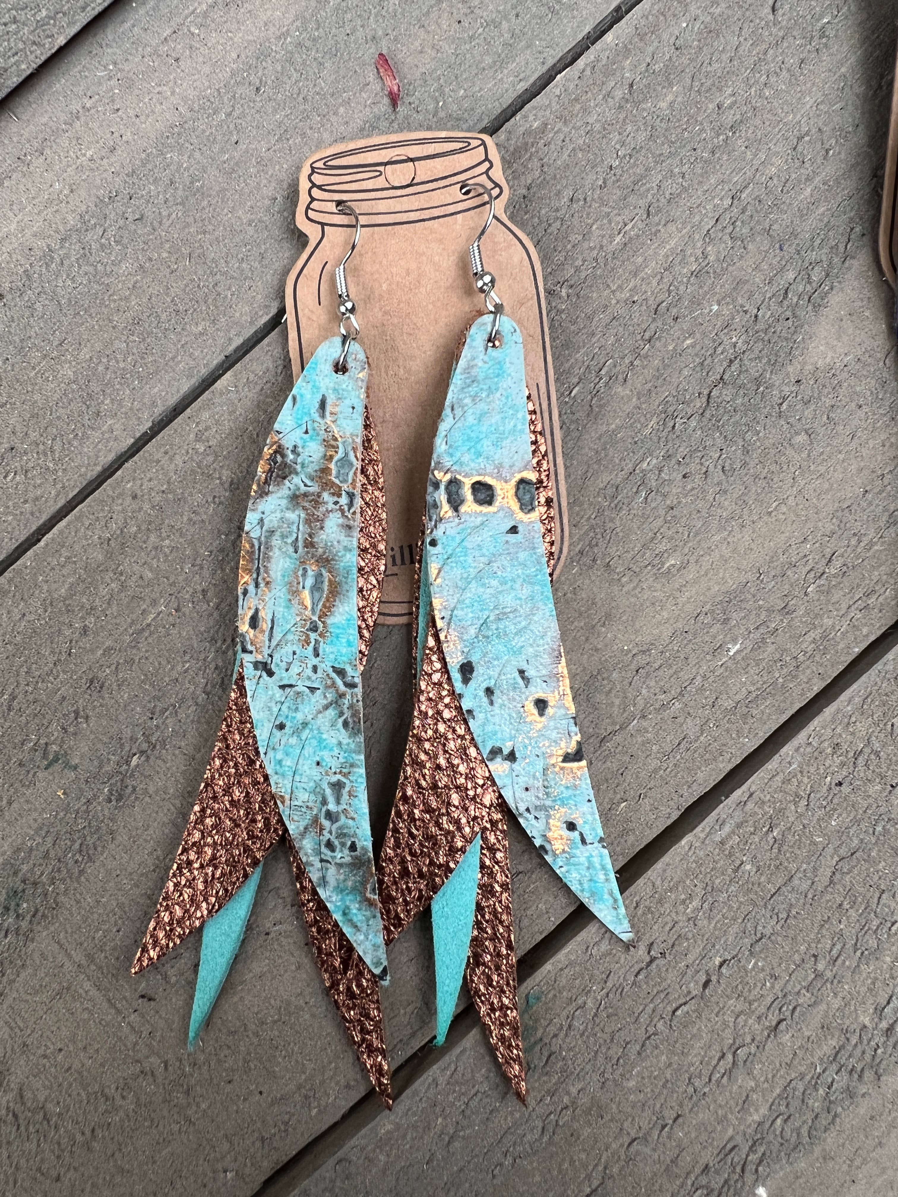 Jill's Jewels - Wholesale Dangle Earrings - MINT BRONZE  STACKED FRINGE FEATHER EARRINGS1