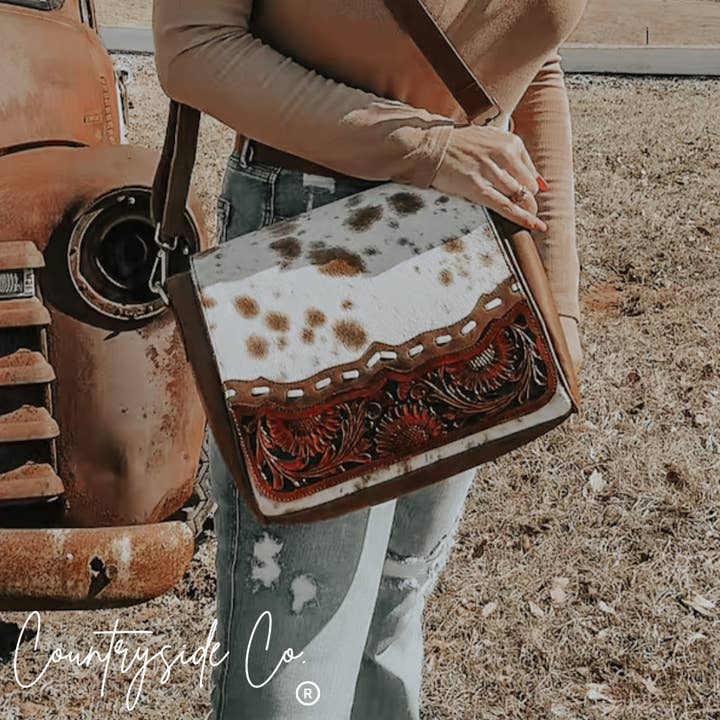 Texas Western Cowhide Bags and More – wholesale Tote bag – Women's – Tooled Leather Detailed Cowhide Purse, Shoulder Bag