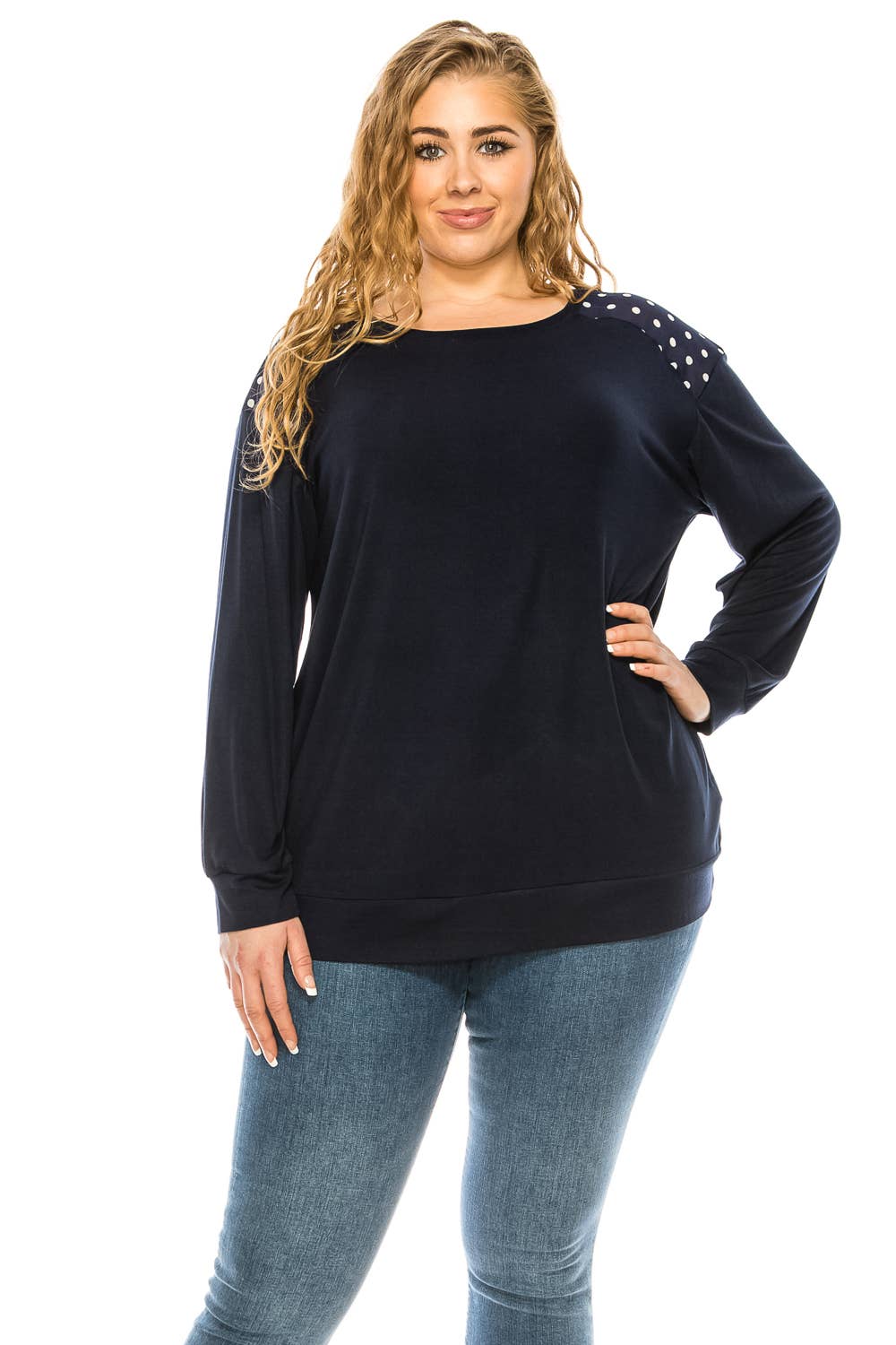 Navy Polka Dots Plus Size Leopard Print Contrast Long Sleeve Knit Blouse for wholesale on Faire1