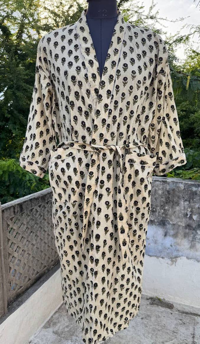 bhavnas boutique – wholesale Robe – Women's – Floral Cotton Vintage Woman's Block Print Kimono Robes 1