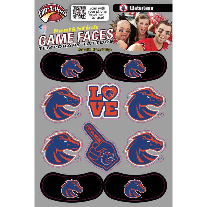 Tatouages temporaires Boise State Game Faces® pour la vente par Fanapeel / Gamefaces