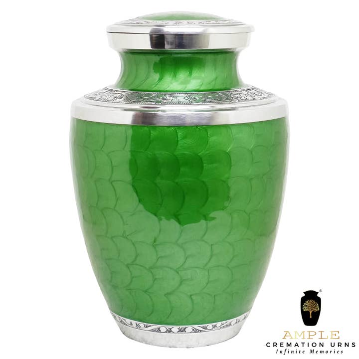Ample Cremation Urns - Wholesale Urn - Emerald Green & Silver Brass Cremation Urn – Hand-Etched