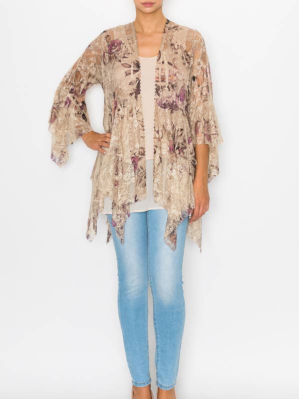 Origami Apparel ~ Lace and Crochet inspired - Vente Cardigan – femme - Cardigan Classique Tout en Dentelle avec Couches à Étages - 4618 TAUPE/2 ROSE0