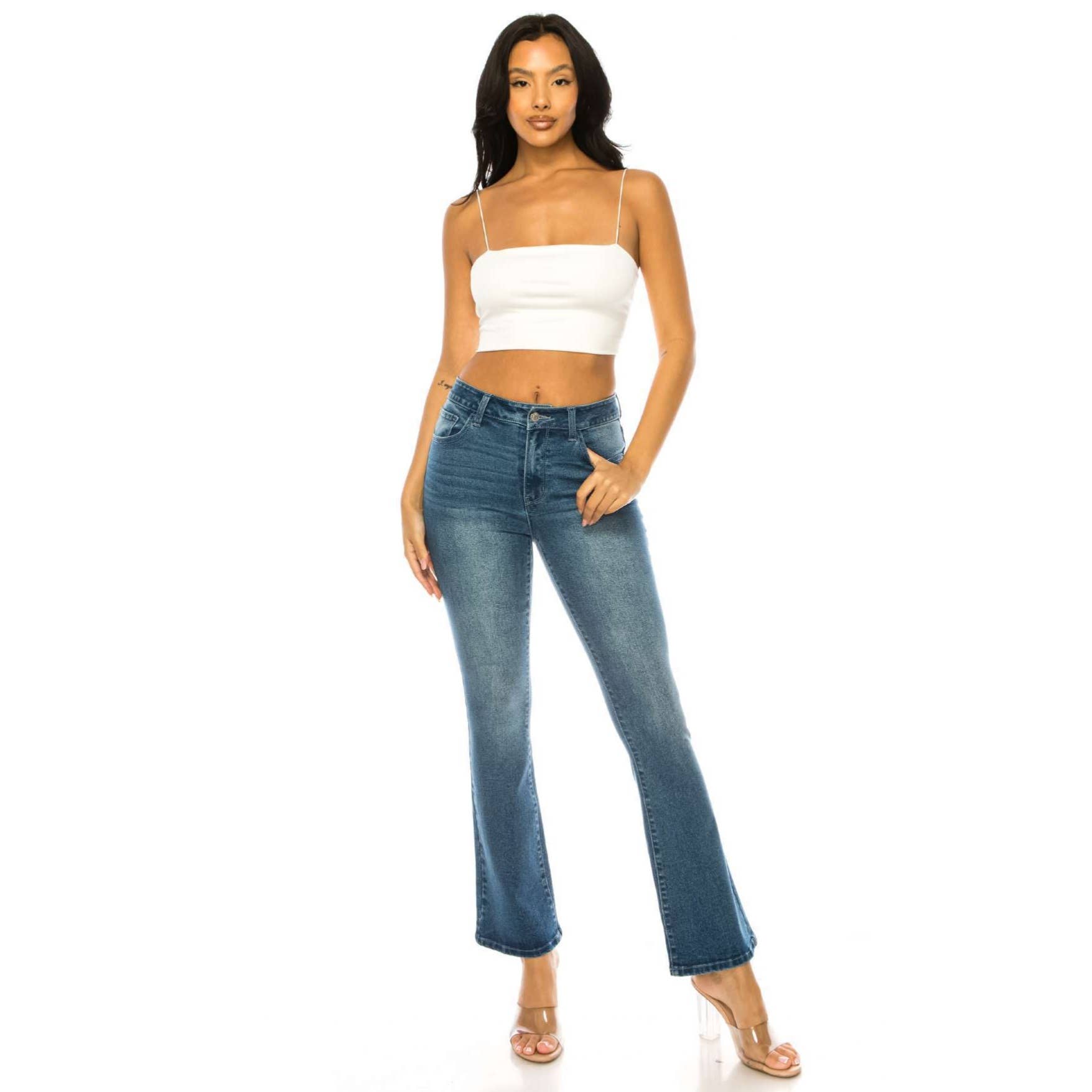 MEDIUM WASHED DENIM FLARE FIT JEANS  for wholesale on Faire1