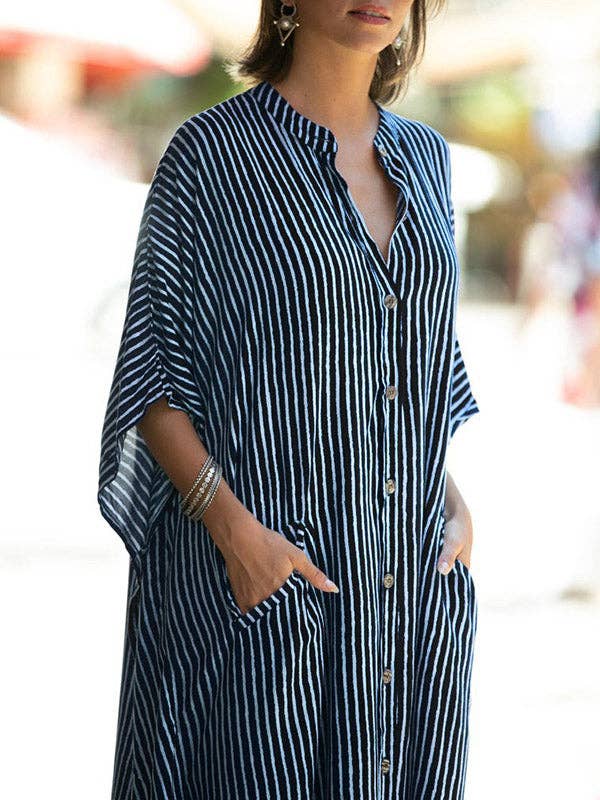 Sheer Trend - Wholesale Dress - Women's - Batwing Sleeves Half Sleeves Buttoned Pockets Striped Round-Neck Beach Cover-Up Maxi Dresses12
