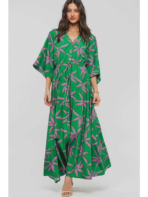 Urban Daizy - Wholesale Dress - Women's - Romantic Palm Print V Neck Tie Waist Maxi Dress
