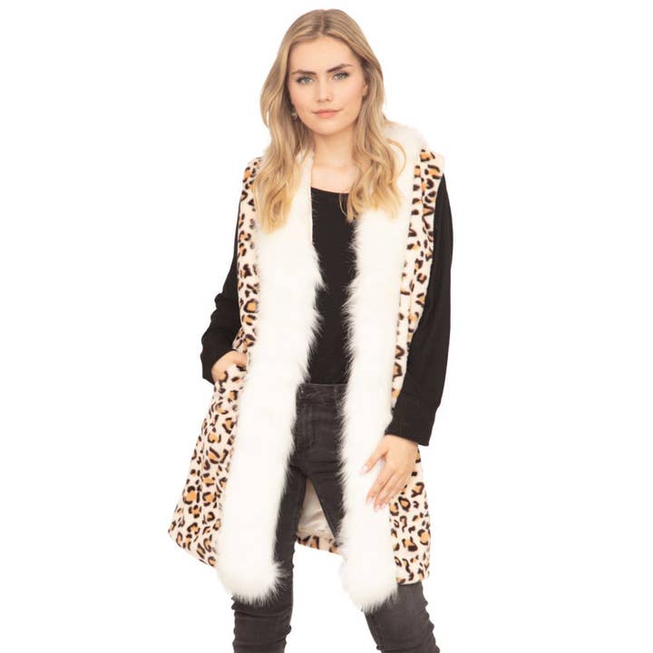 Cream Leopard Fur Trim Vest for wholesale by PinktownUSA