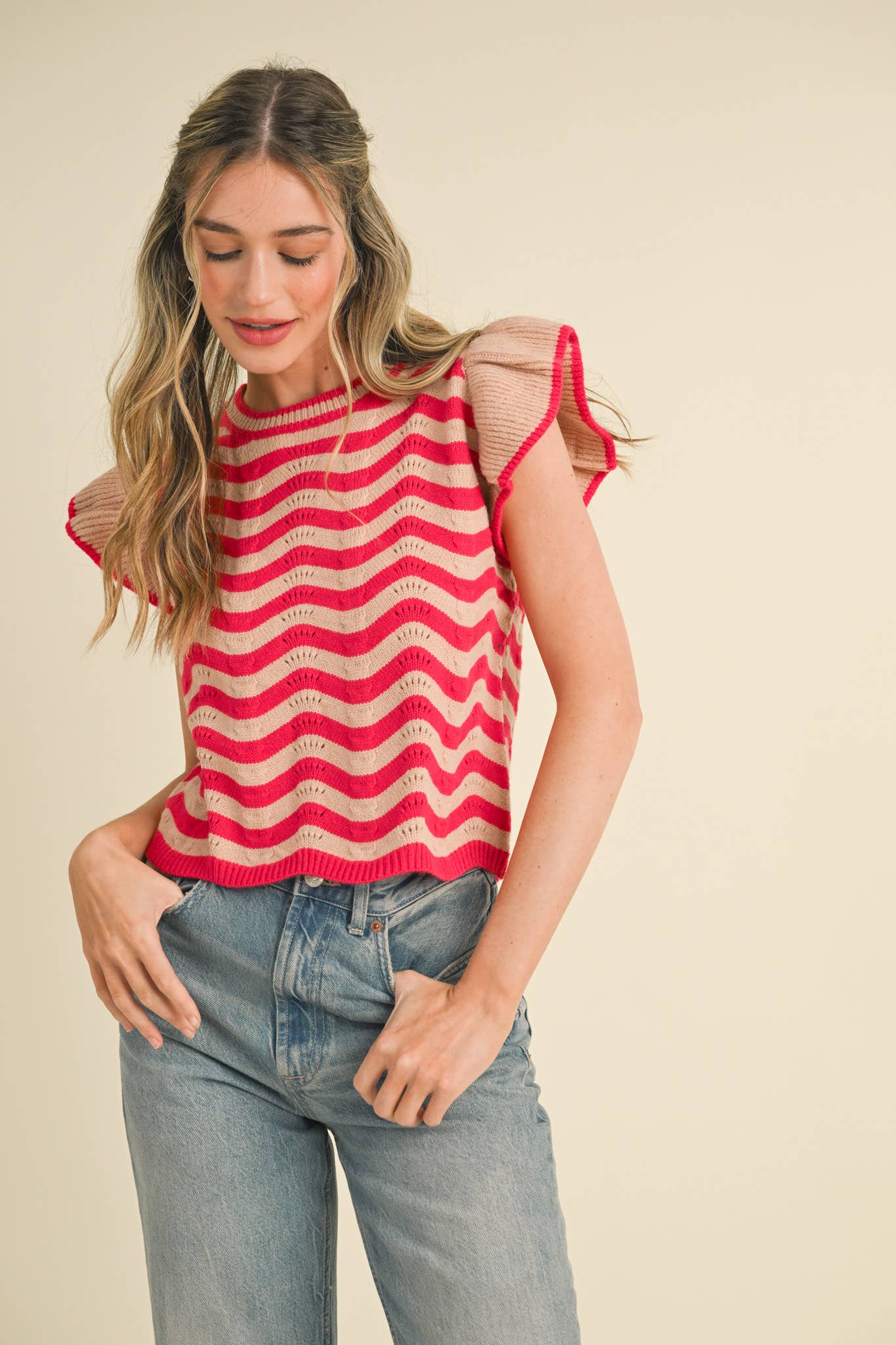 &MERCI - Wholesale Knit Sweater - Women's - WAVY STRIPES FLUTTER SLEEVE SWEATER TOP MSW1050912