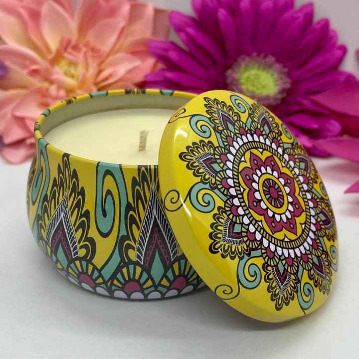 Travel Tin 4.5 oz Soy Candle-Decorative Fun Boho-Yellow+Teal for wholesale by Jamcat Candles
