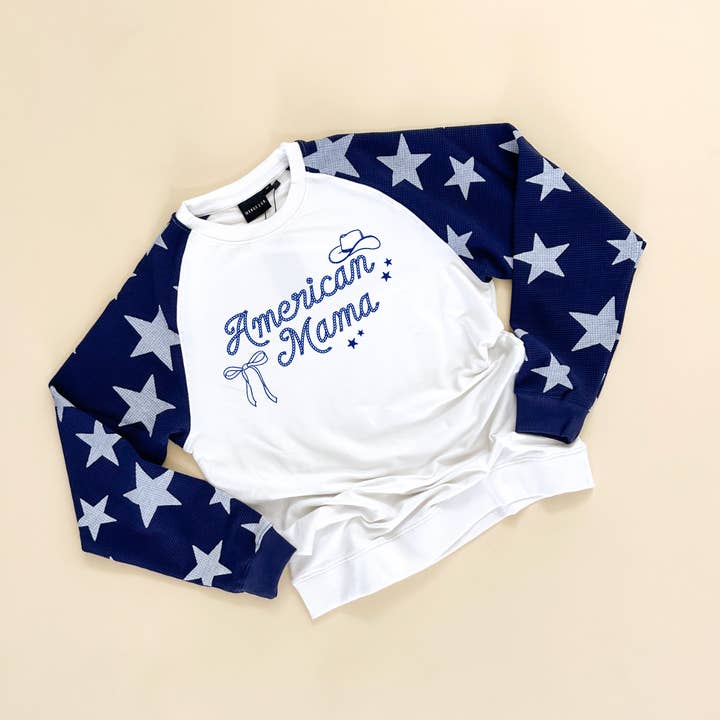 Marino/Blanco American Mama Western con mangas gofradas y cuello redondo con forma de estrella para adultos, azul marino/blanco de venta al por mayor en Faire