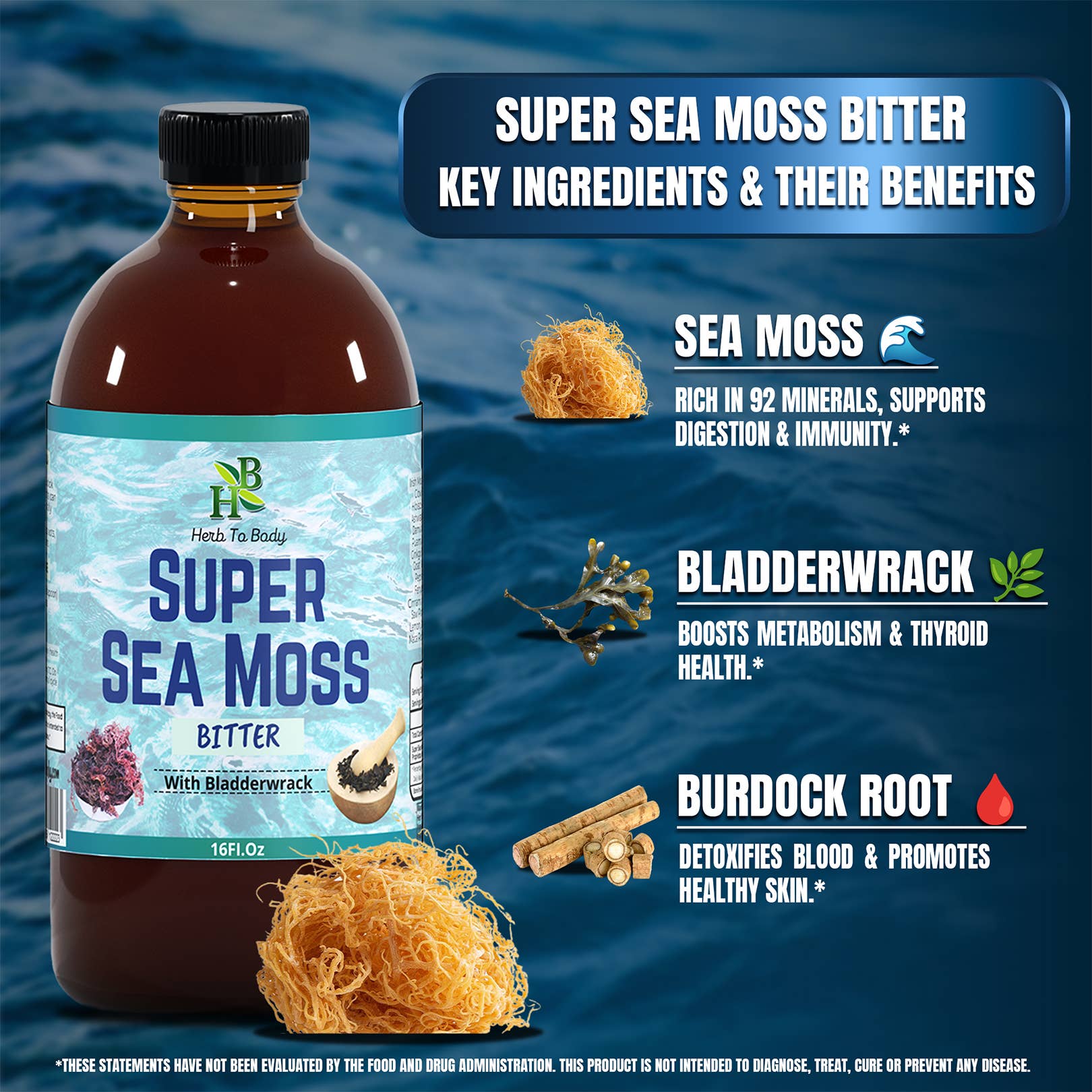 Herb To Body - Venta al por mayor Suplementos/vitaminas para beber - Super Sea Moss Bitter - 16oz | Tónico Herbal Ecológico3