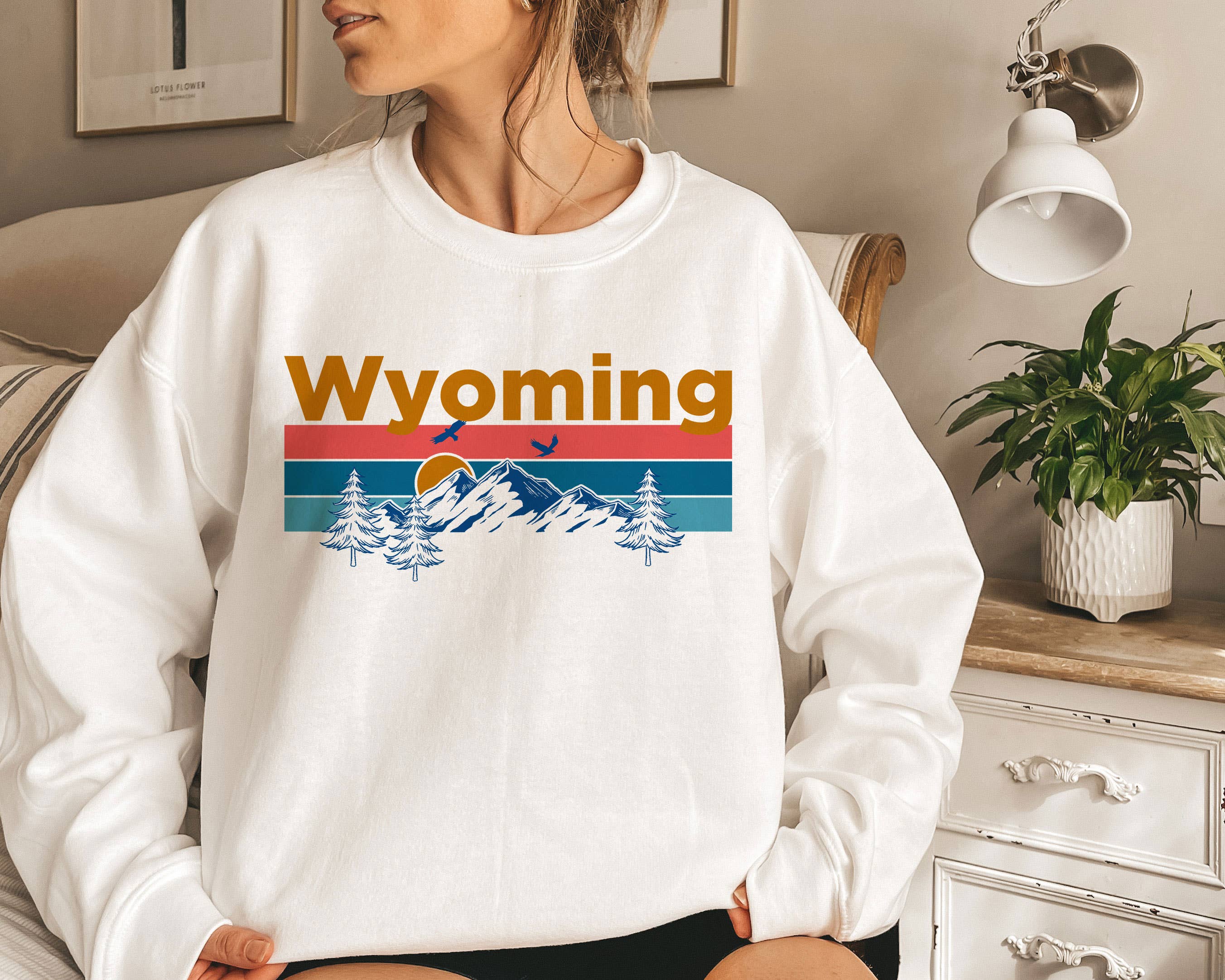 White Wyoming Sweatshirt - Mountain & Birds Unisex for wholesale on Faire1