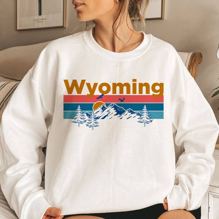 White Wyoming Sweatshirt - Mountain & Birds Unisex for wholesale on Faire1