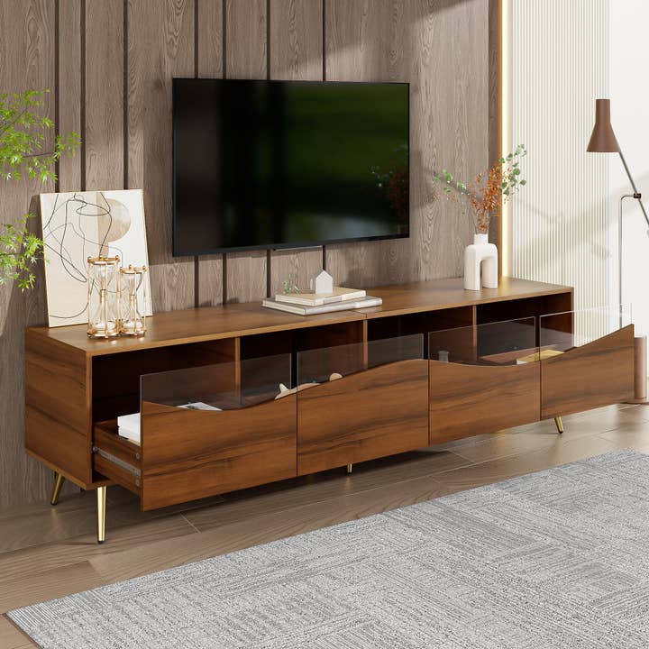 Urban Meuble - Wholesale Console Table - Retro walnut-effect TV stand with LED lighting and gold metal legs PROKARYOT7