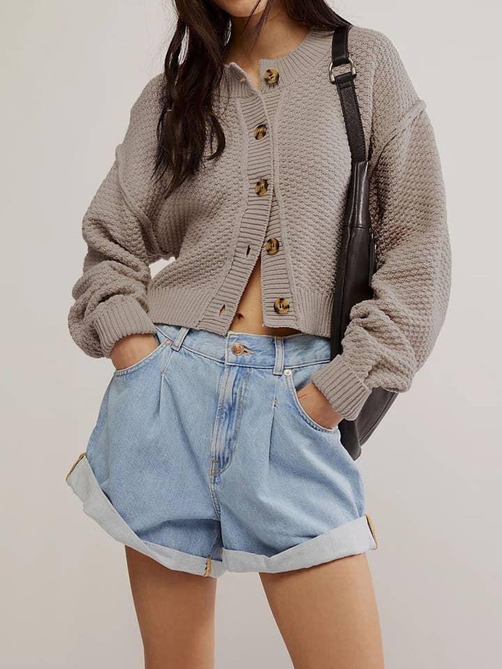 Rosa Clothing - Wholesale Cardigan - Women's - Slouchy button down cropped textured knit cardigan