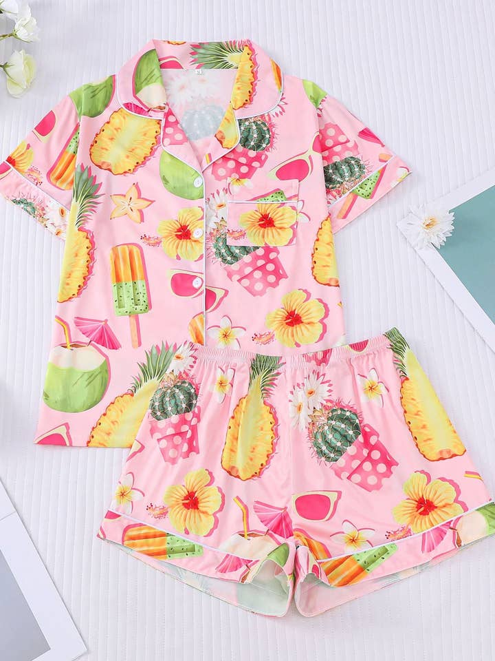 Conjunto de Pijama con Estampado de Cóctel de Frutas Tropicales para venta al por mayor de Tickled Teal