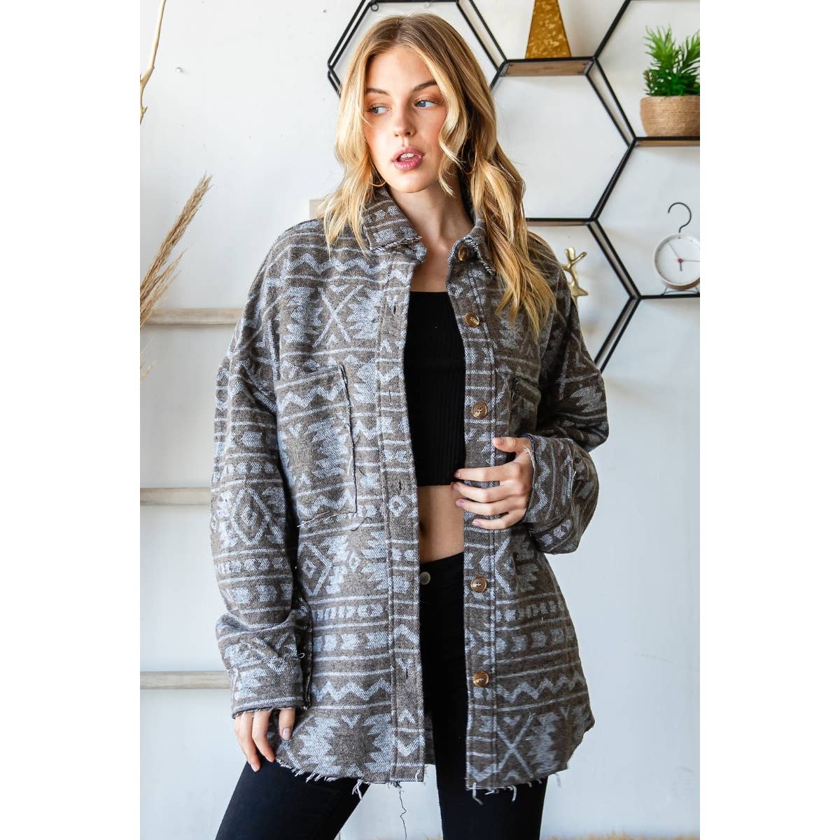 Grey Oilve Oversize Aztec Long Fit Jacket for wholesale on Faire4