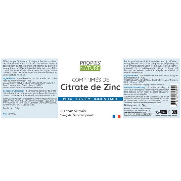 Propos'Nature - Vente Supplément oral/vitamine - Comprimes Citrate De Zinc 60 Comprimés