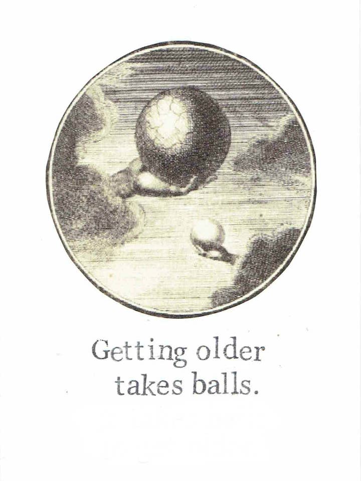 Biglietto d'auguri di Getting Older Takes Balls | divertente umorismo strano per la vendita all'ingrosso da parte di BlueSpecsStudio