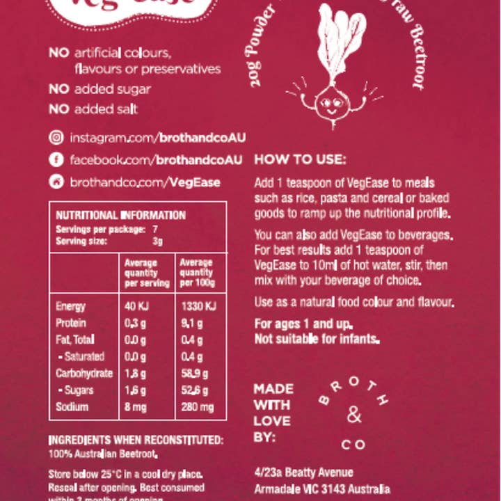 Broth And Co. - Wholesale Dried/dehydrated vegetables - VegEase Pure Beetroot Goodness 20g ( 8 Serves)1