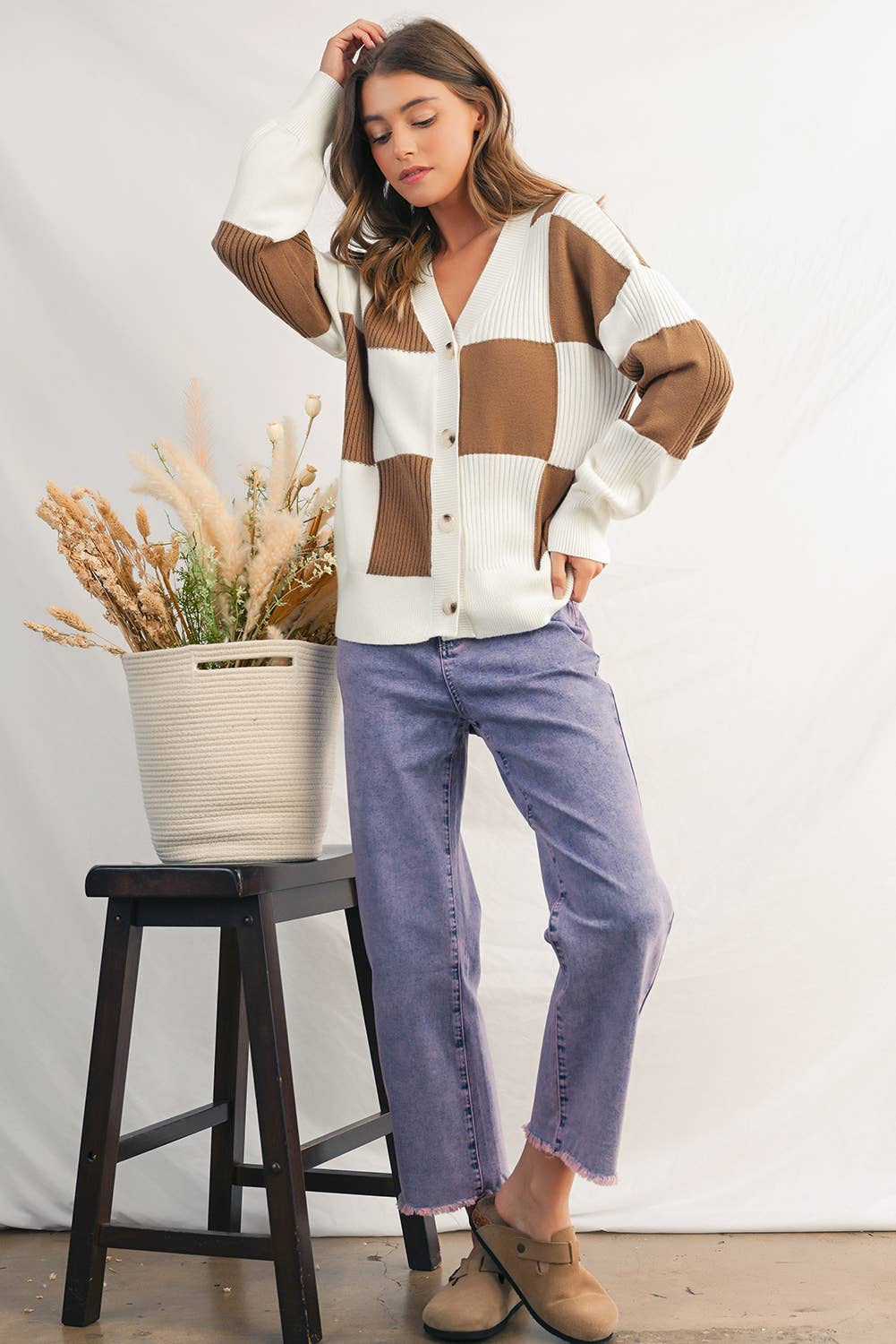 Khaki Checker Colorblock Button V Neck Sweater Cardigan | S-XL  for wholesale on Faire5