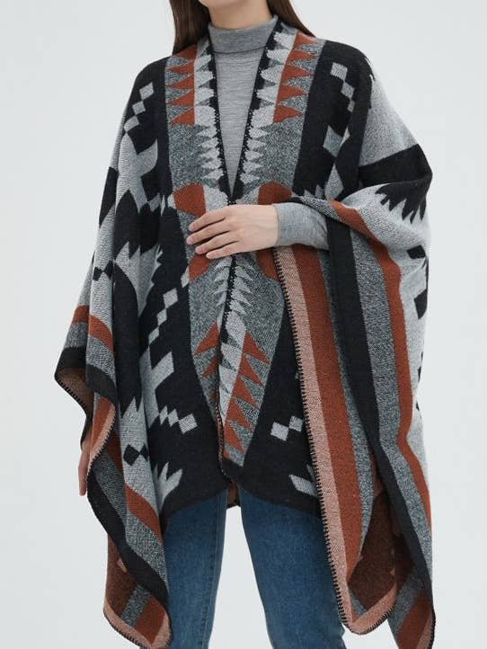 aztec double face ruana soft cozy knit wrap shawl for wholesale by HIDDENBRAND