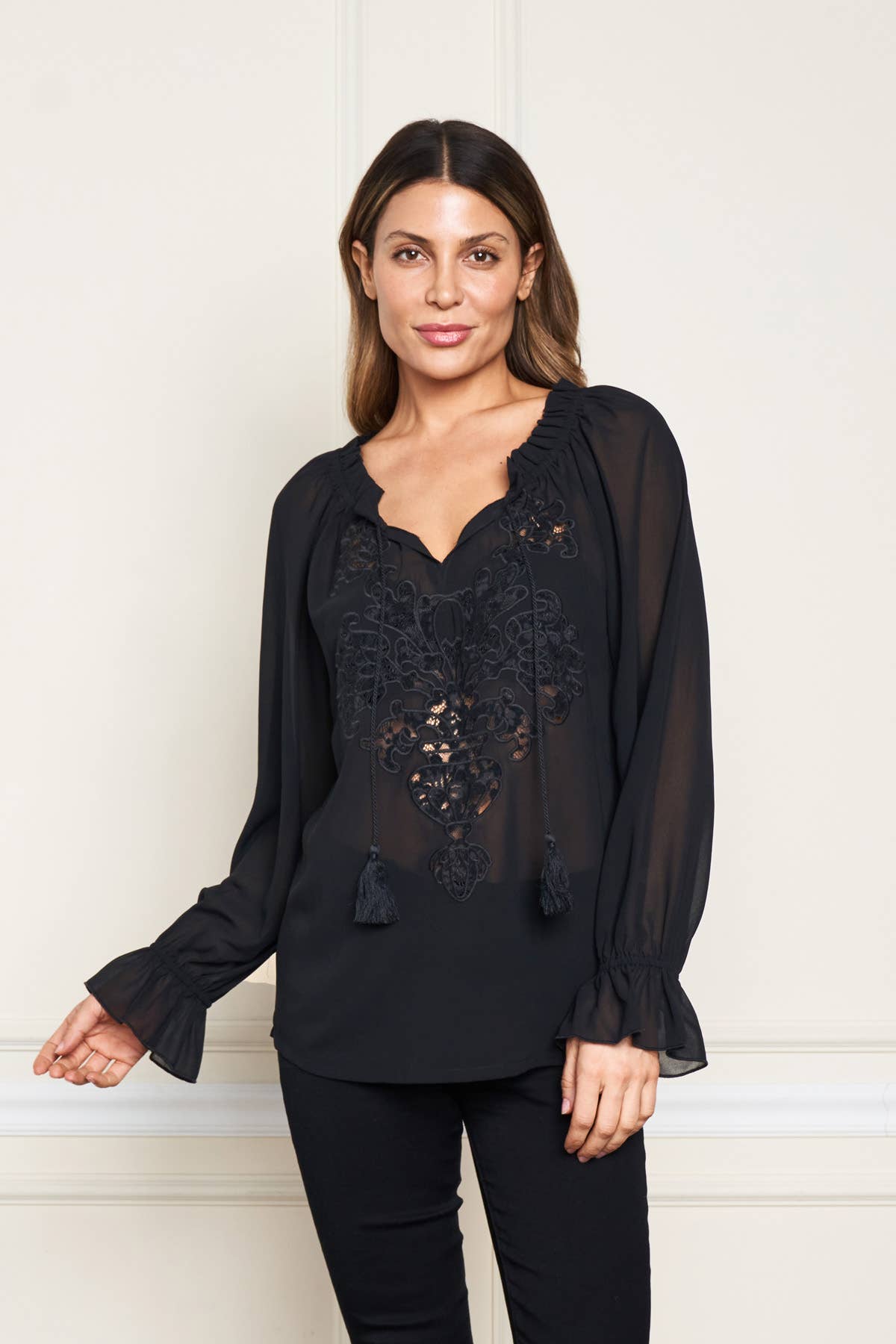 Black 5691-MAT Georgette Peasant Top w/ Lace Applique - Lined for wholesale on Faire