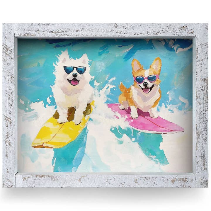 Cute Surfing Pups | Real Wood Framed Wall Art Print | Horizontal for wholesale by Mill Wood Art