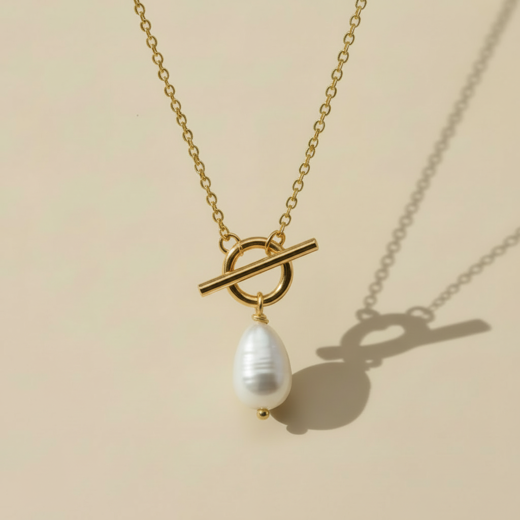 Gold Lunar - Wholesale Pendant/Charm Necklace - T Bar & Pearl Drop Necklace 18k Gold Plated Modern Jewellery5