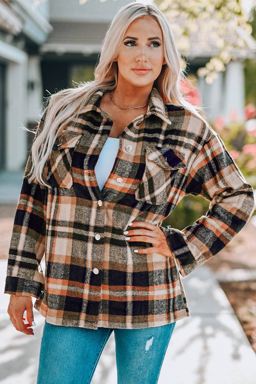 PRETTY BASH - Wholesale Shirt Jacket/Shacket - Women's - Plaid Pocketed Button Front Shacket10